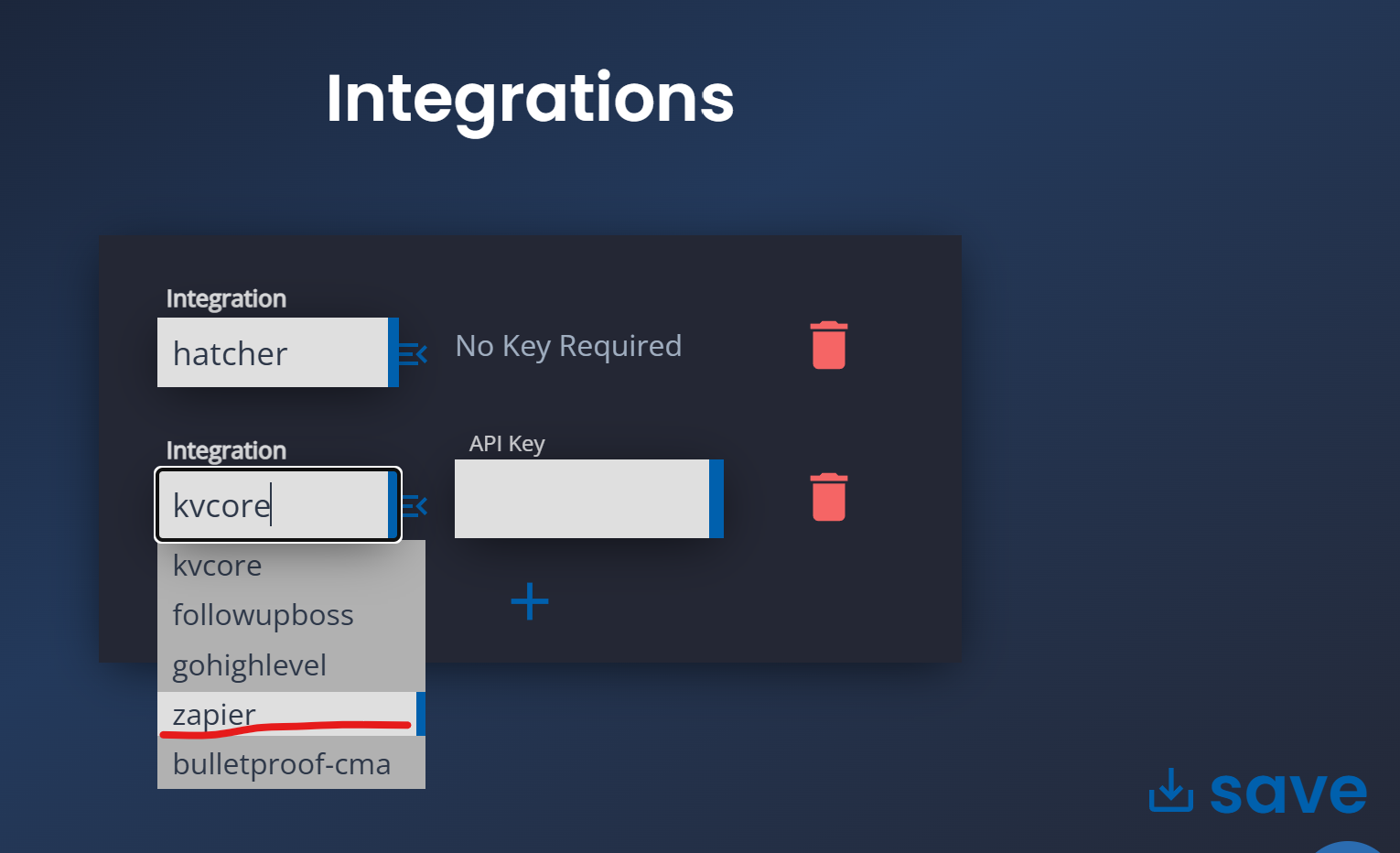 Select the Zapier integration